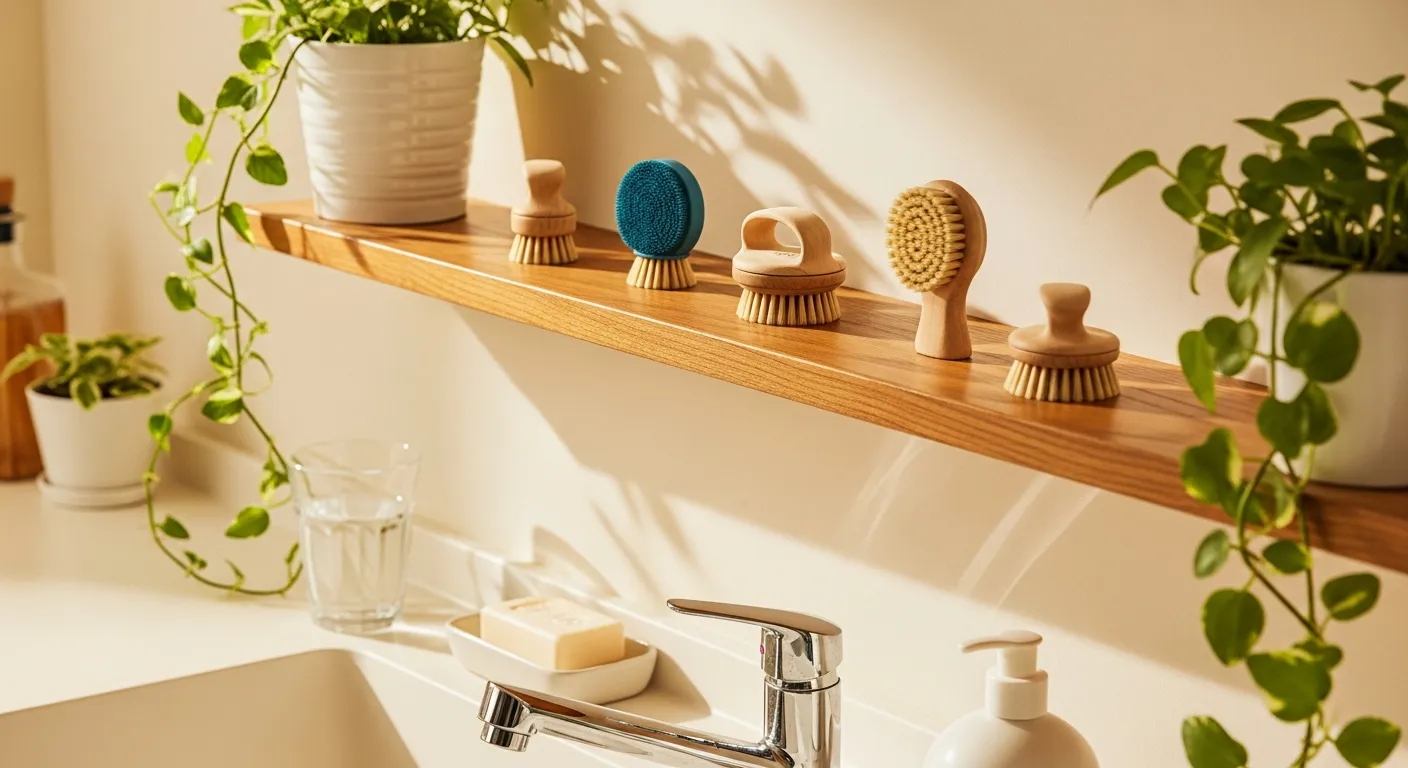 洗顔ブラシの毛の質感を比較する様子を表現した洗面スペース