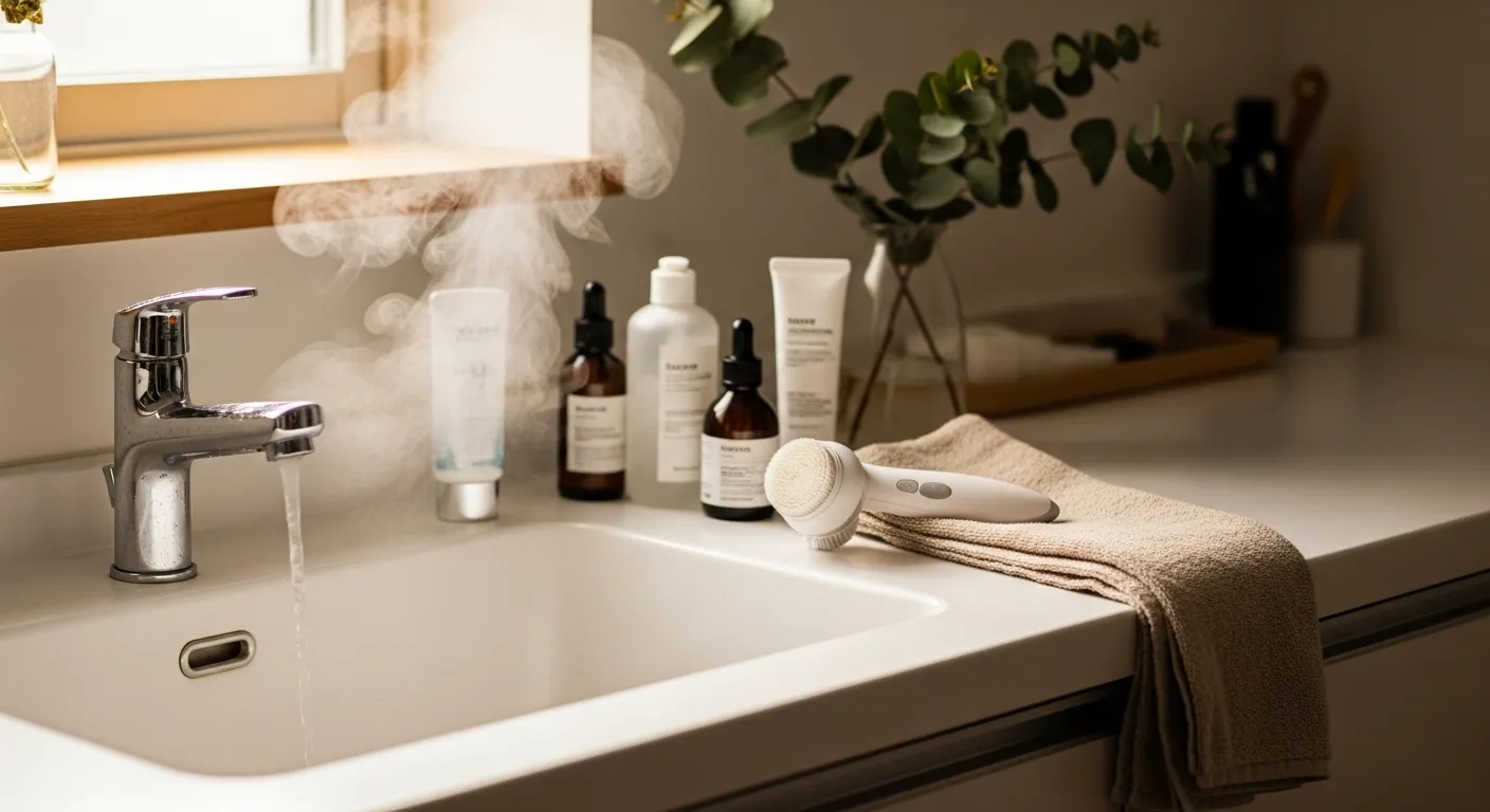 洗顔後のスキンケアルーティンを表現した清潔感のある洗面台