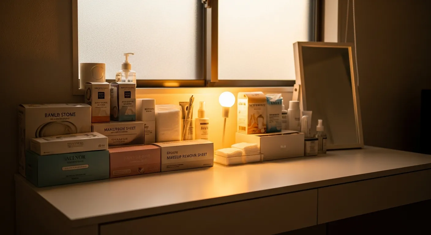 夜のスキンケアルーティン、白い洗面台の上に並ぶメイク落としシートと基礎化粧品