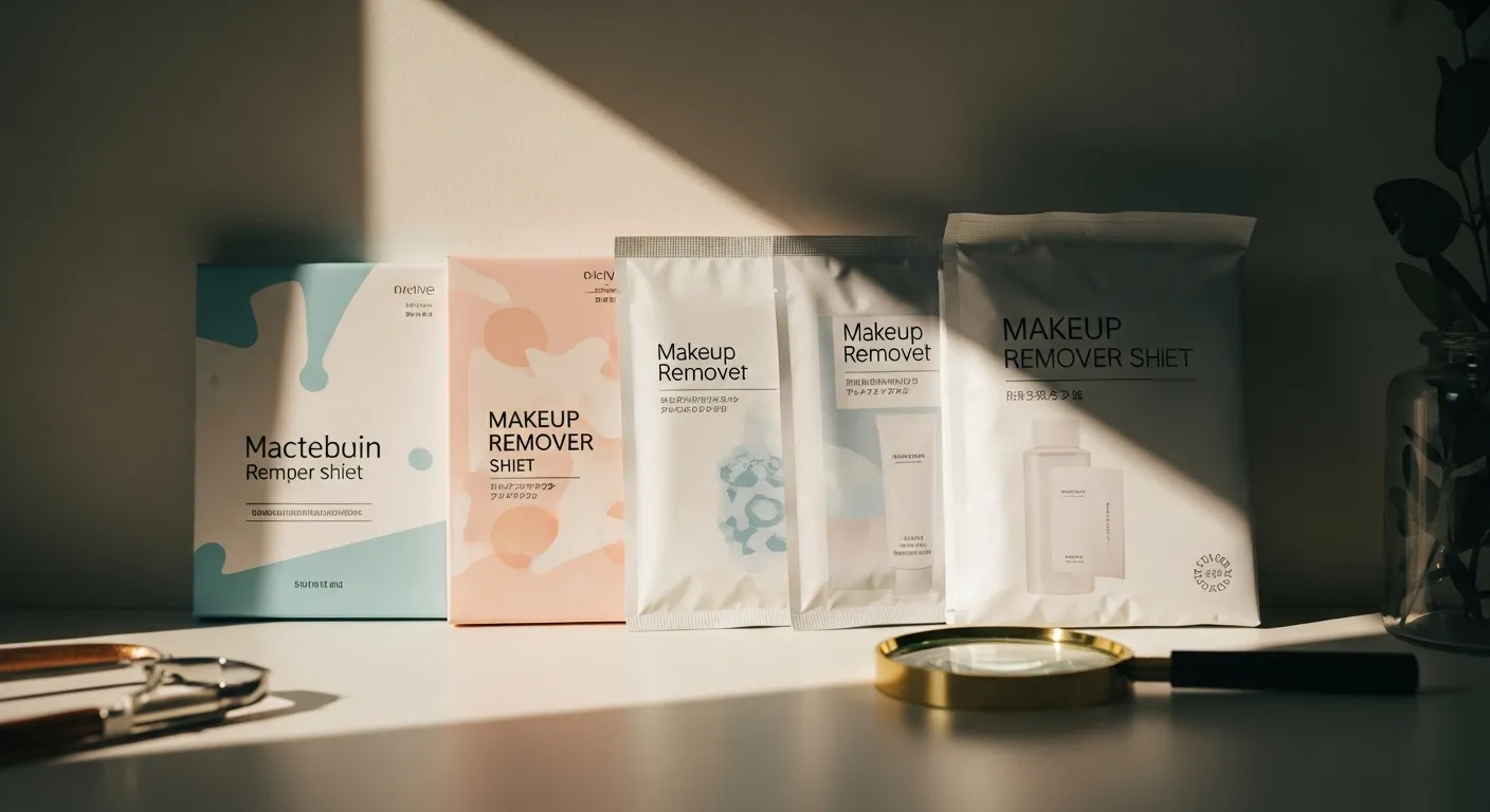 メイク落としシートを選ぶ際の比較、異なるテクスチャーと成分が見える複数の製品
