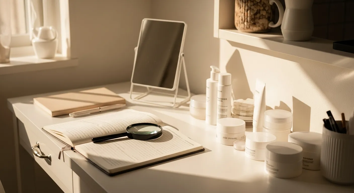 UV下地選びのポイントをメモした手帳が、スキンケア製品と一緒に白いデスクに置かれている