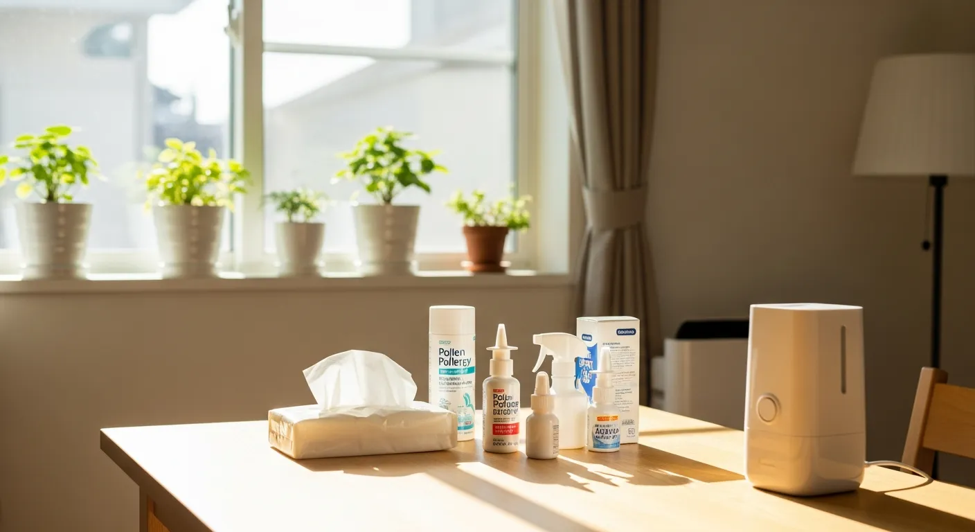 明るい日中の窓辺に置かれた花粉症対策グッズが並んでいるシーン