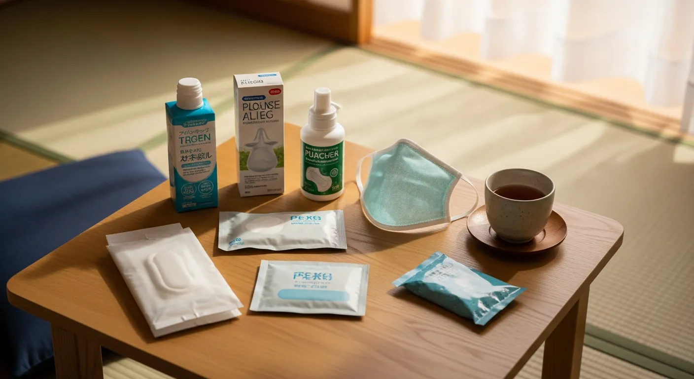 和室の机上に比較検討している花粉症対策グッズの複数商品