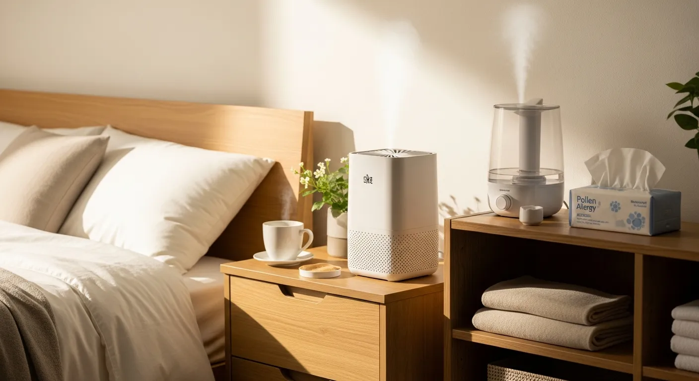 清潔感のある寝室に配置された花粉症対策グッズの実生活での使用シーン
