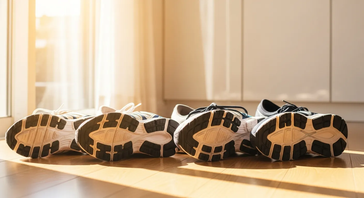 明るい日中の窓辺に置かれた複数のランニングシューズ