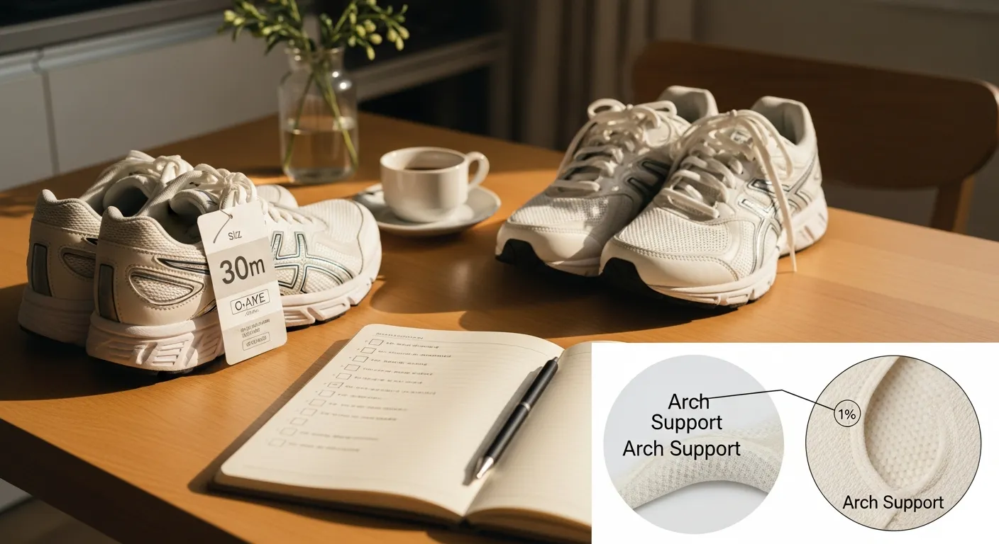 ランニングシューズの機能性を説明するチェックリストと靴が並ぶテーブル