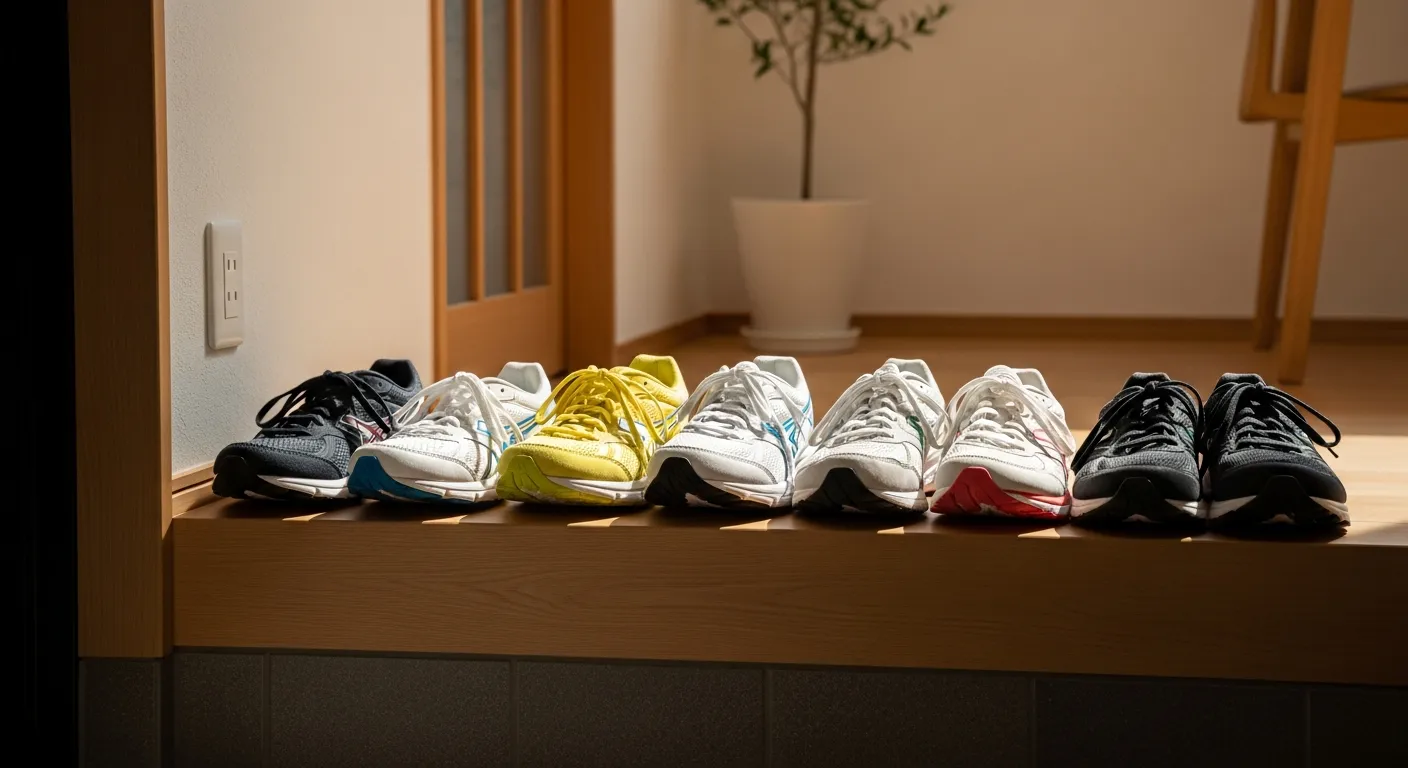 推奨されるランニングシューズが整然と並ぶ明るい玄関スペース
