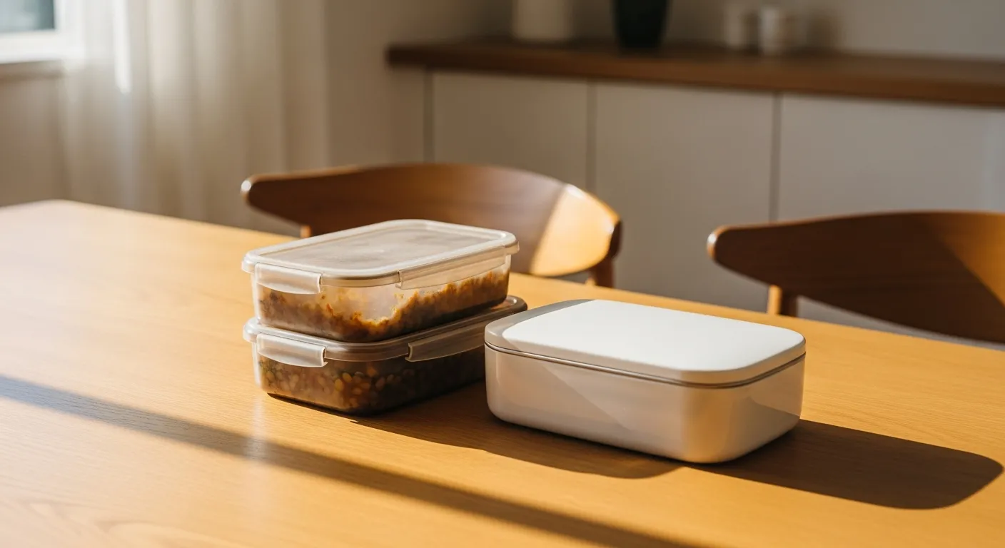 プラスチック製の古い弁当箱が机の上に置かれ、その横に新しい高級弁当箱が並んでいる様子