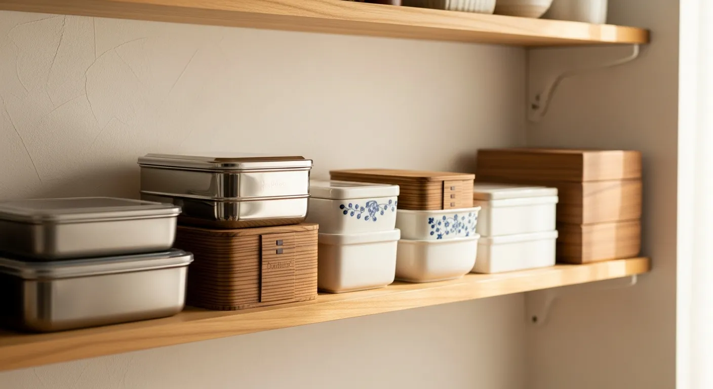 異なるサイズと素材の弁当箱が整理された棚に並べられている光景