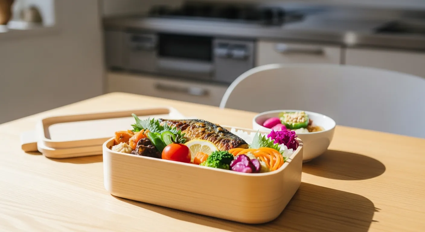 新しい高級弁当箱に詰められた彩りの良い和食が、光あふれるダイニングテーブルに置かれている