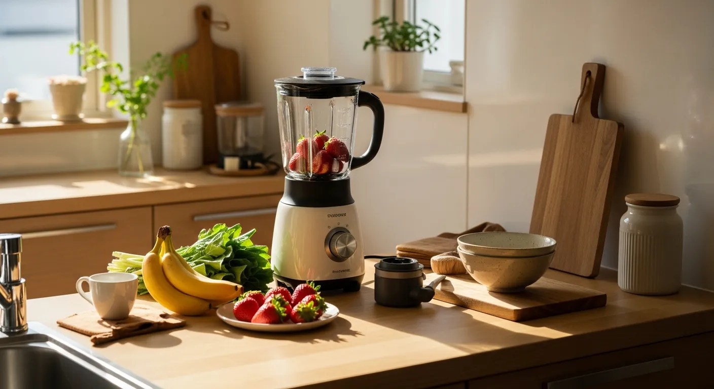明るいキッチンのカウンターに置かれたブレンダーと新鮮な果物や野菜