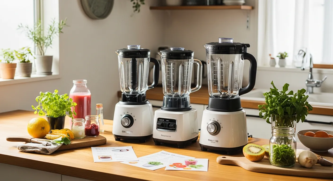 ブレンダーの機能を比較検討するようなシーンの、調理台に並ぶ異なる大きさと形のブレンダー