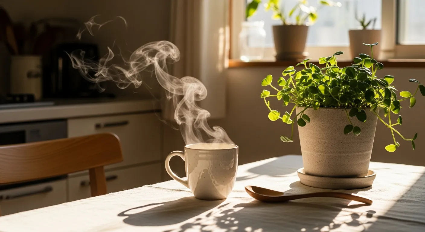 朝日が差し込む明るいキッチンテーブルに、温かい飲み物が入ったマグカップが置かれている。白いテーブルクロス、観葉植物、木製のスプーンが周りにある