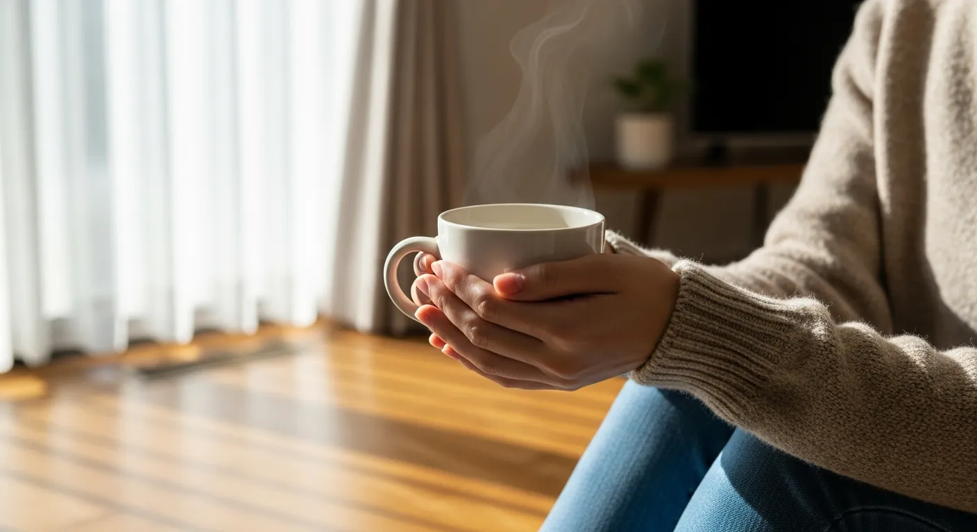 温かいコーヒーやお茶が入ったマグカップを両手で持っている。リラックスした雰囲気の室内で、窓からの光が優しく当たっている