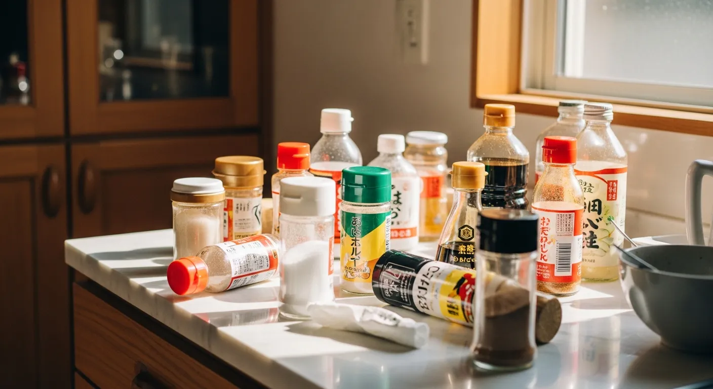 キッチンカウンターに散らばった調味料瓶