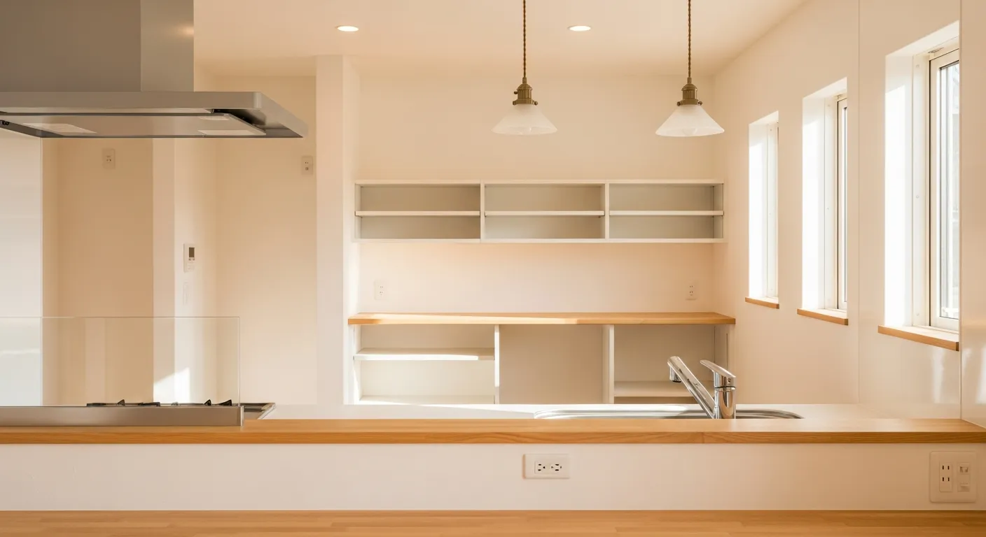 新しくオープンしたシンプルな新居のキッチン