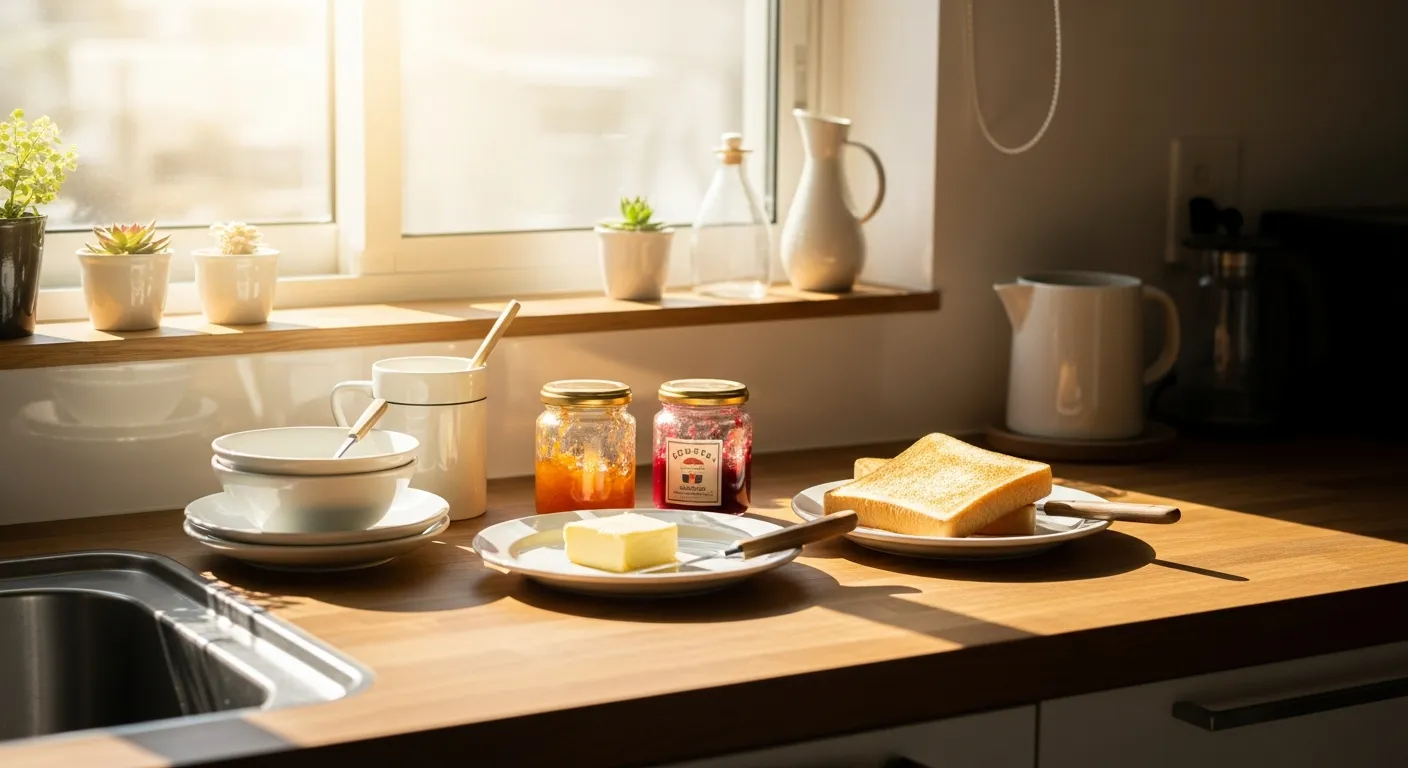 朝日が差し込む明るいキッチンで、焼きたてのトーストがプレートに置かれている。バターとジャムが側に見える。