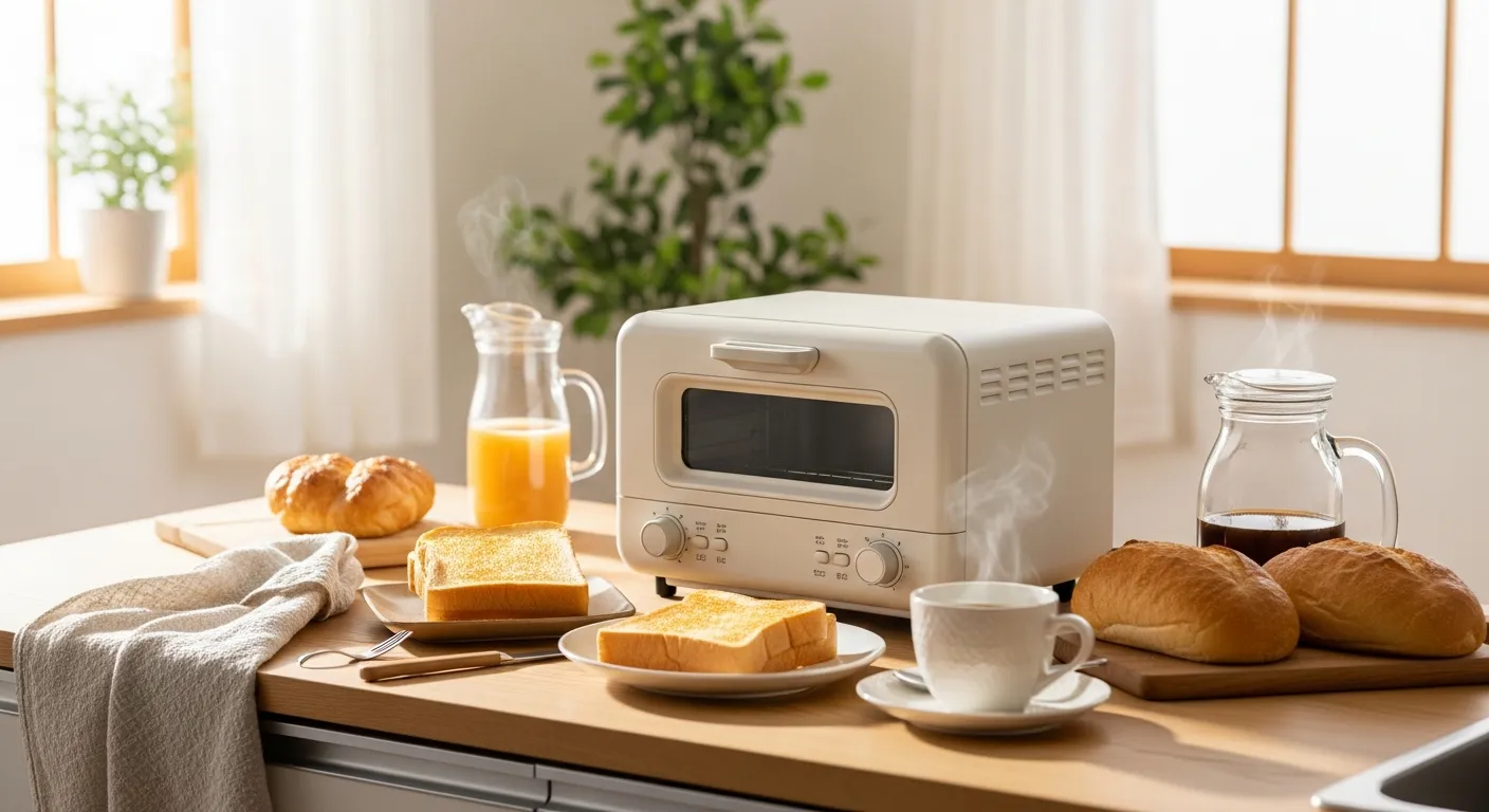あたたかみのある日本の台所で、選んだトースターが朝食準備の中心にある。朝食が整えられている。