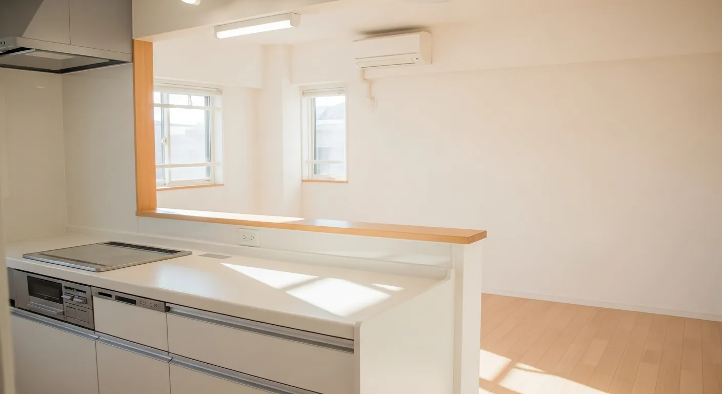 空のキッチンカウンター。白い壁と木製の床が見える、ミニマルで整理された新しいキッチンスペース