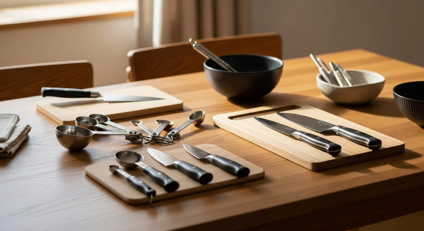 キッチンテーブルの上に様々なキッチン用品が広げられている。計量スプーン、包丁、まな板などの基本的な調理道具が優しく配置されている