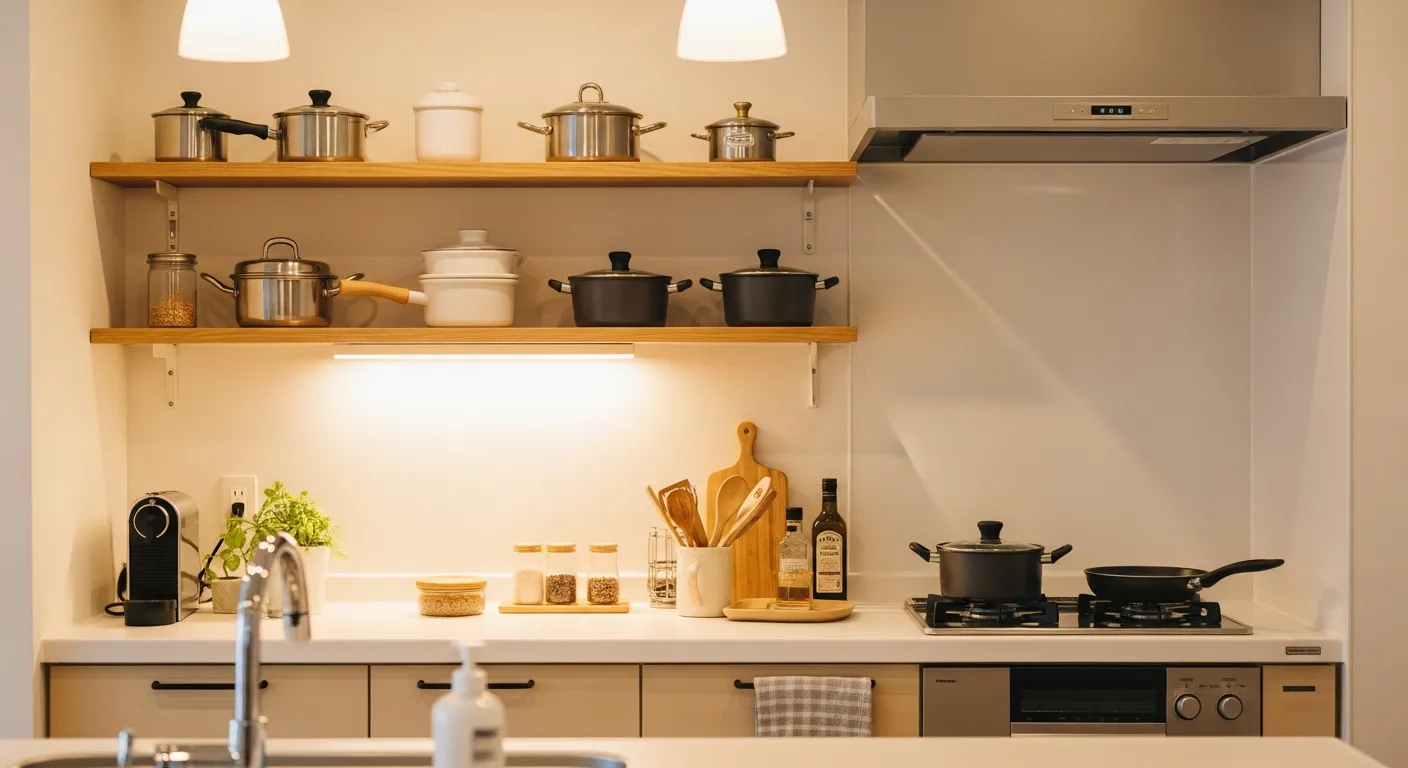 モダンで清潔なキッチンスペース。木製の食器棚に整理されたキッチン用品が並び、カウンターには調理の準備ができた状態が見える