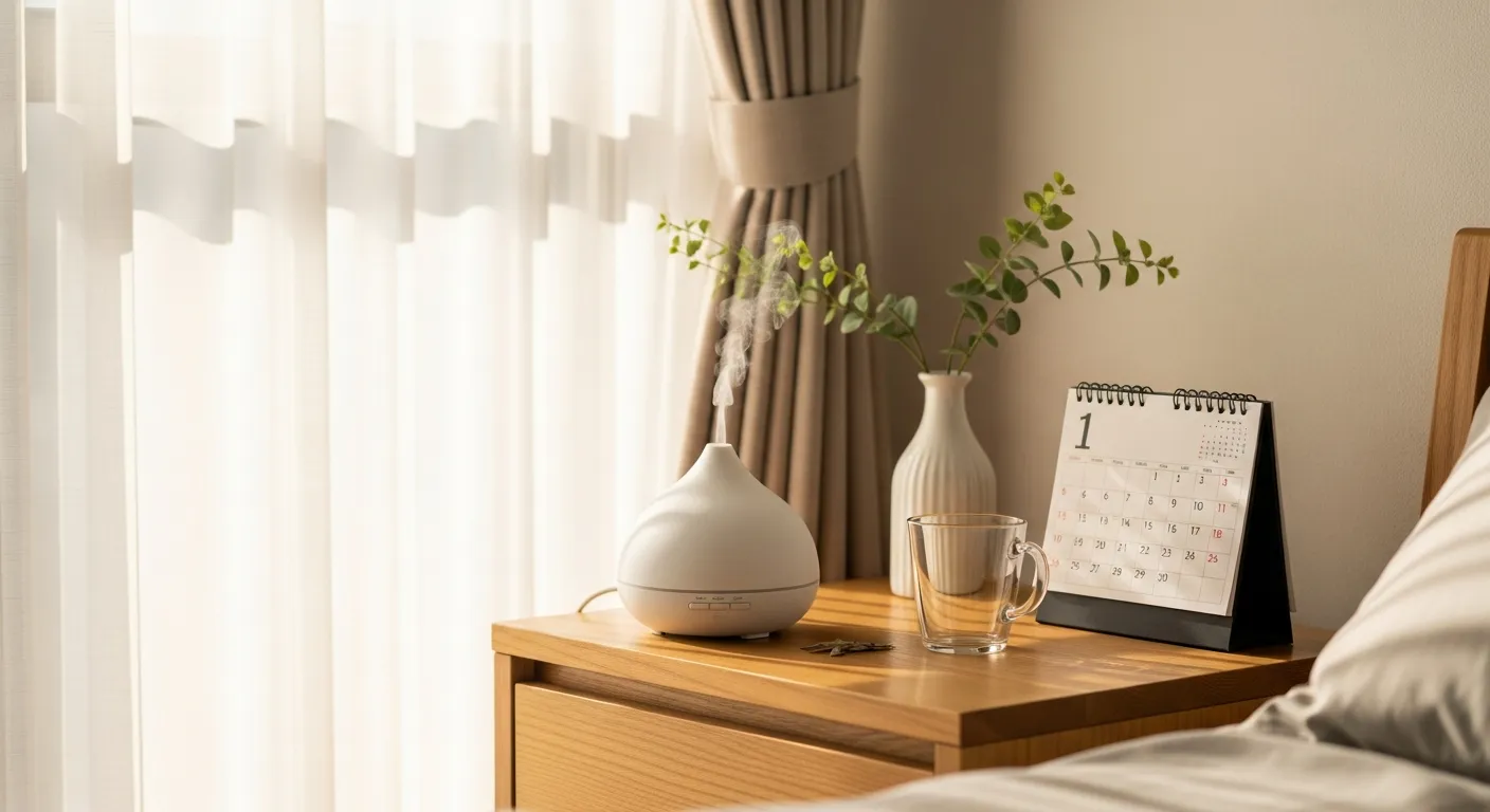 リビングのテーブルの上に置かれた、香りが薄れたアロマディフューザーと時計。窓からの自然光が差し込む