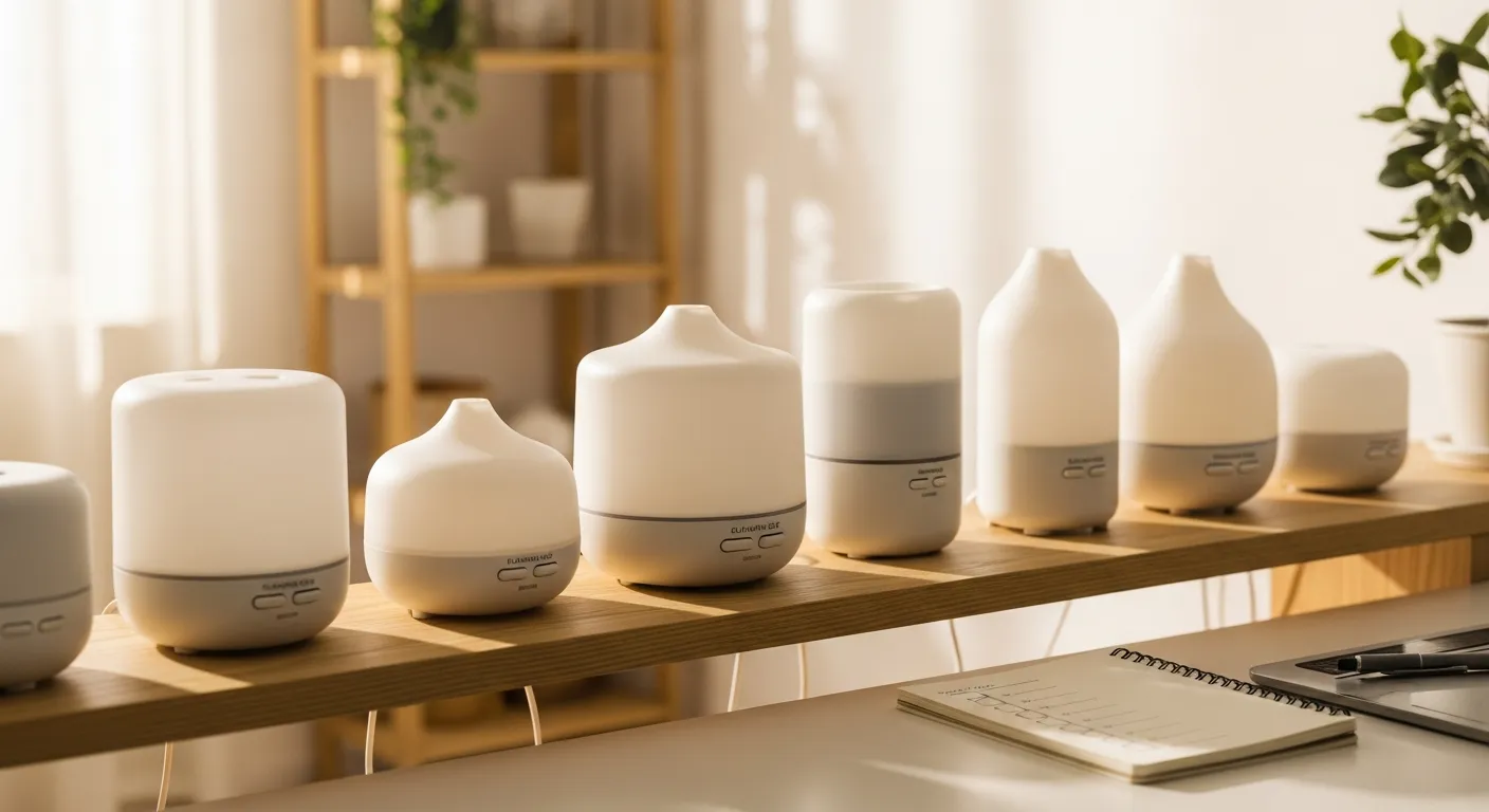 異なるサイズと形状のアロマディフューザーが比較されている様子。和室の白い壁を背景に