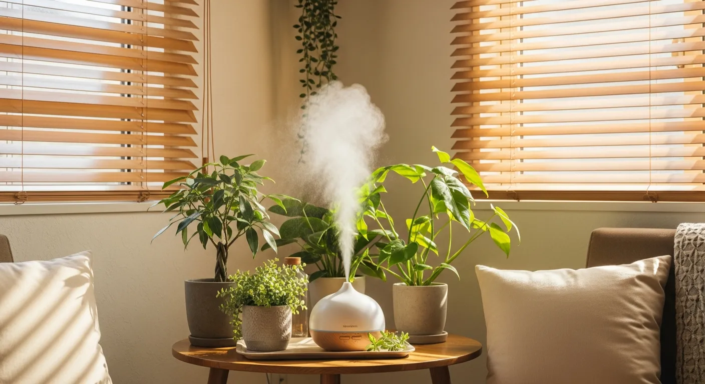 リビングに設置された高級感のあるアロマディフューザーから、柔らかい霧が立ち込めている。観葉植物と一緒に