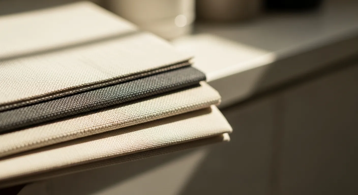 カーテン生地のテクスチャーを近くで見た様子。上質な素材感が伝わる。複数のカーテンサンプルが重ねられており、素材、厚さ、質感の違いが比較できる状態。自然光で照らされている