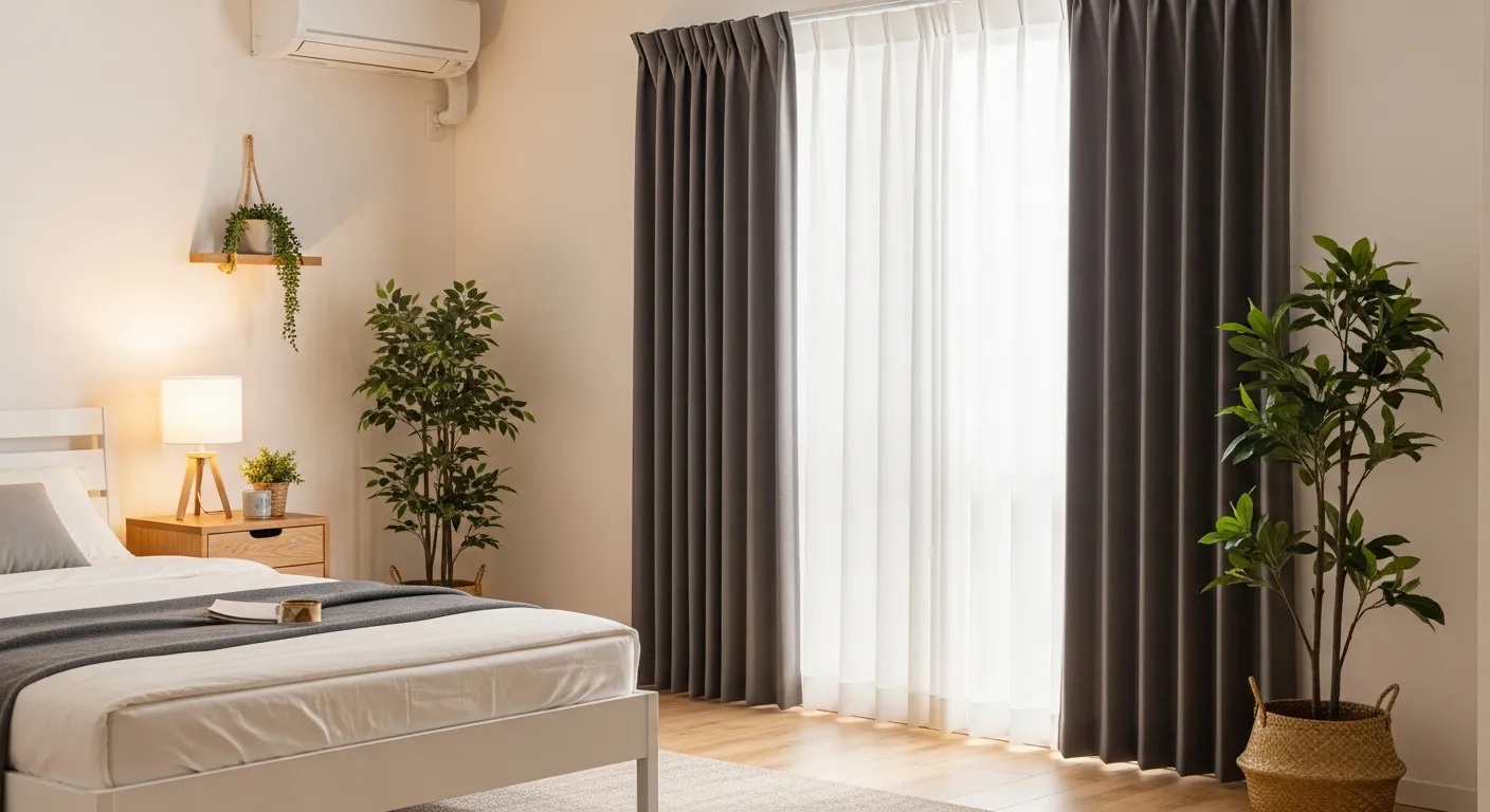 シンプルで洗練された寝室。グレーの遮光カーテンが窓を覆い、落ち着いた空間を演出している。白いベッドフレーム、木製のナイトスタンド、観葉植物が配置されたミニマリスト的なインテリア