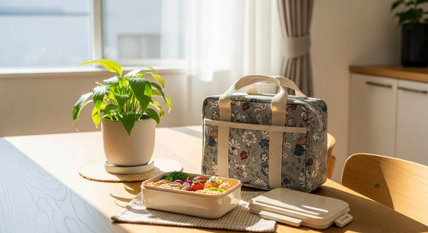 明るいダイニングテーブルの上に、開かれたランチボックスと横に置かれたバッグが並んでいる。窓からの自然光が当たり、ランチボックスの中身が見える。木製のテーブルと観葉植物がある温かみのある空間。