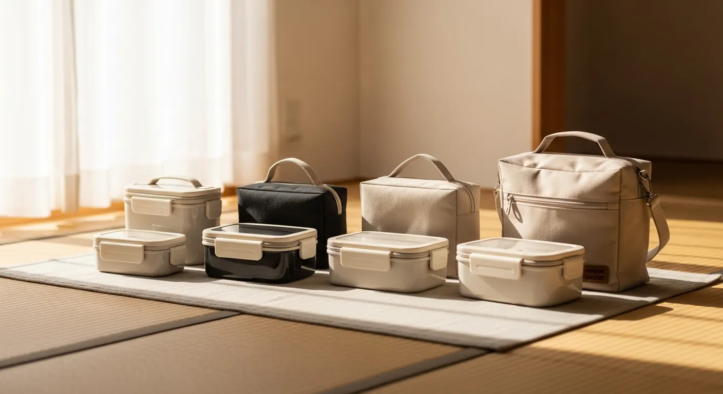 複数のランチボックスとバッグの組み合わせが、ナチュラルな布製マットの上に並べられている。各セットのサイズや色合いが比較できるように配置。淡い日光が優しく当たっている。