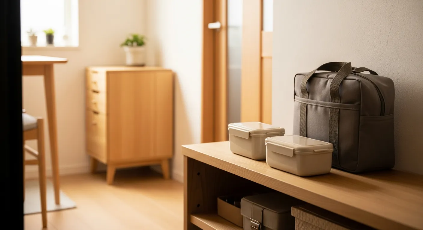 最適なランチボックスとバッグのセットが、玄関の棚に実際に配置されている。毎日の持ち出しを想定した自然な配置。優しい照明で照らされ、清潔で整理された家の入り口の様子。